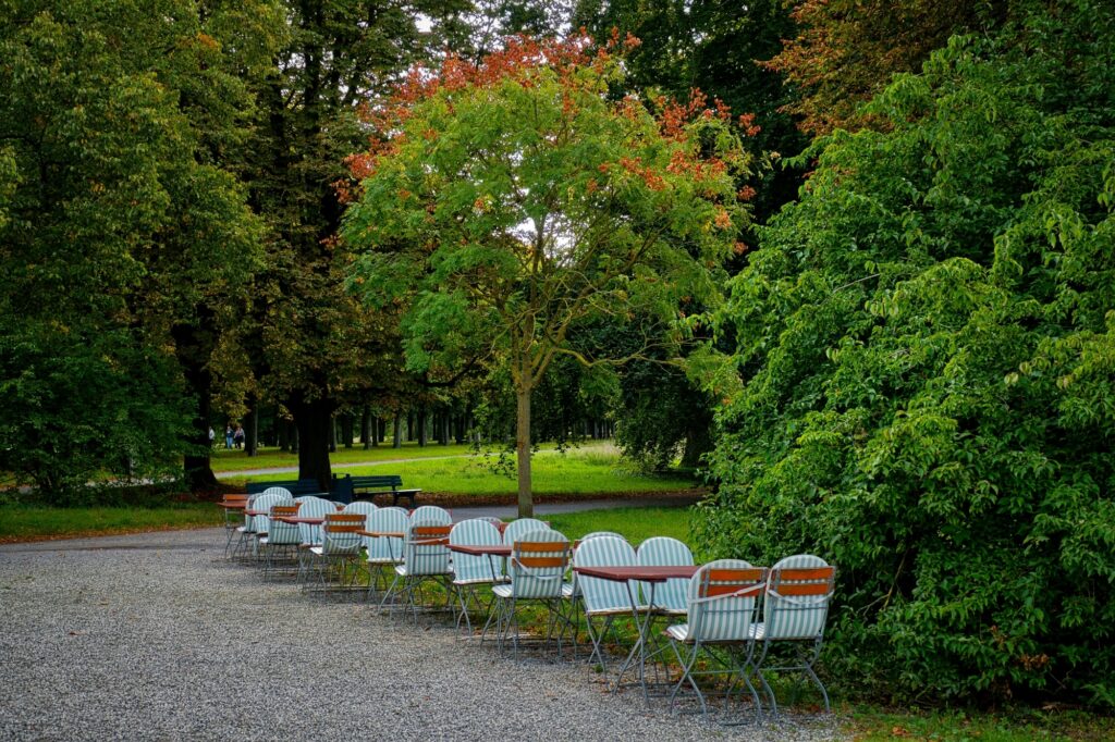Table and chairs of a park's cafe