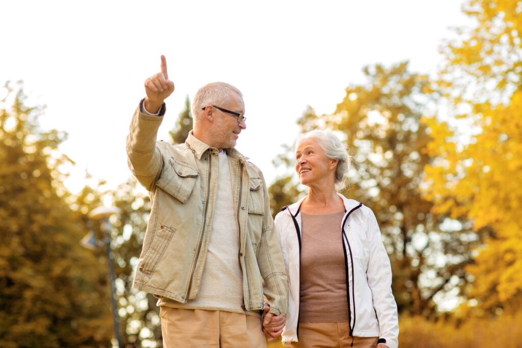 Senior couple walking in a park in autumn