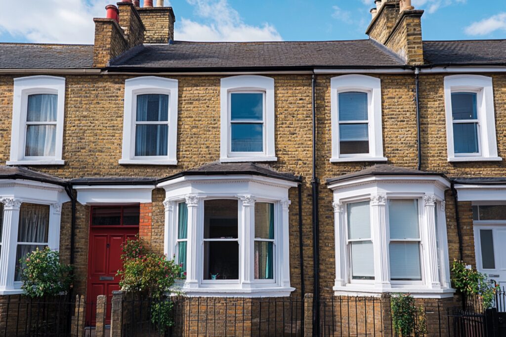 Front view of a terraced house with Victorian walls and windows in the concept of 'best affordable housing options in Leyton'.